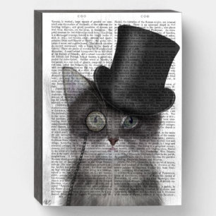 Grey Cat with Top Hat Wooden Box Sign
