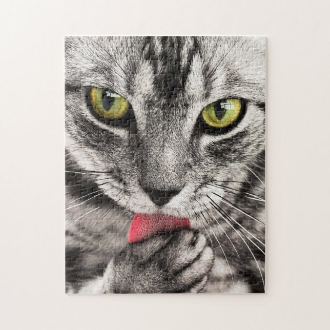 Grey Cat with Yellow Eyes Licking Paw Jigsaw Puzzle (Vertical)