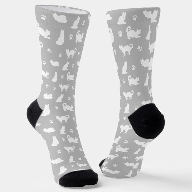 Grey Cats and Paw Prints Pattern Socks (Angled)