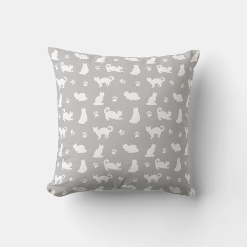 Grey Cats and Paw Prints White Throw Pillow