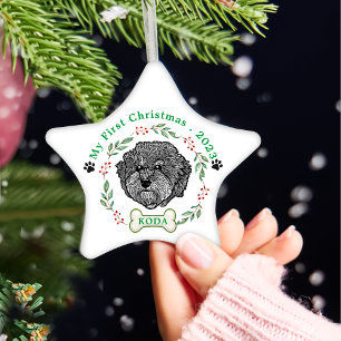 Grey Cavoodle Dog Personalized Hand Drawing Ceramic Ornament