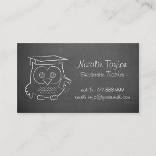 Grey Chalkboard Cute Owl Doodle Substitute Teacher Business Card