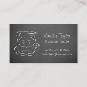 Grey Chalkboard Cute Owl Doodle Substitute Teacher Business Card