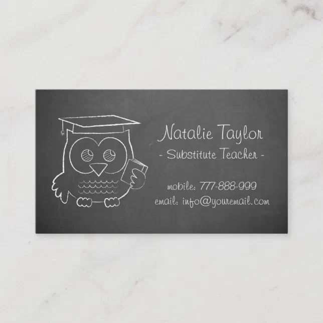 Grey Chalkboard Cute Owl Doodle Substitute Teacher Business Card | Zazzle