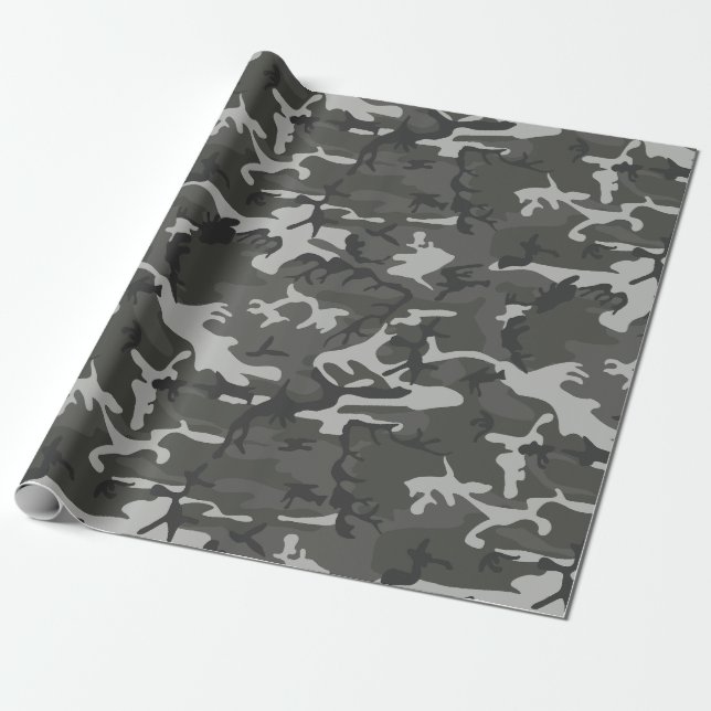 Grey Charcoal Camo Camouflage Wrapping Paper (Unrolled)