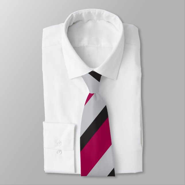 Grey Charcoal & Deep Raspberry Regimental Stripe Neck Tie (Tied)
