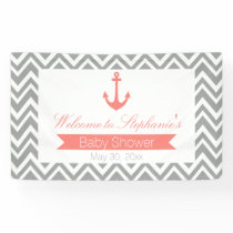 Grey Chevron and Coral Pink Nautical Baby Shower Banner
