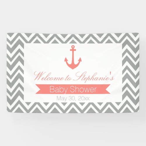 Grey Chevron and Coral Pink Nautical Baby Shower Banner