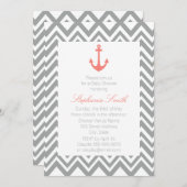 Grey Chevron and Coral Pink Nautical Baby Shower Invitation (Front/Back)