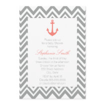 Grey Chevron and Coral Pink Nautical Baby Shower Invitation