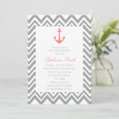 Grey Chevron and Coral Pink Nautical Baby Shower Invitation (Standing Front)