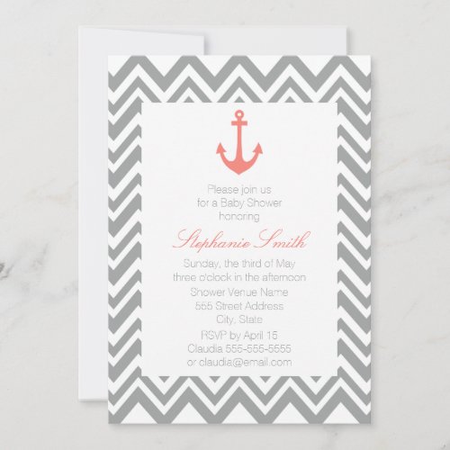 Grey Chevron and Coral Pink Nautical Baby Shower Invitation