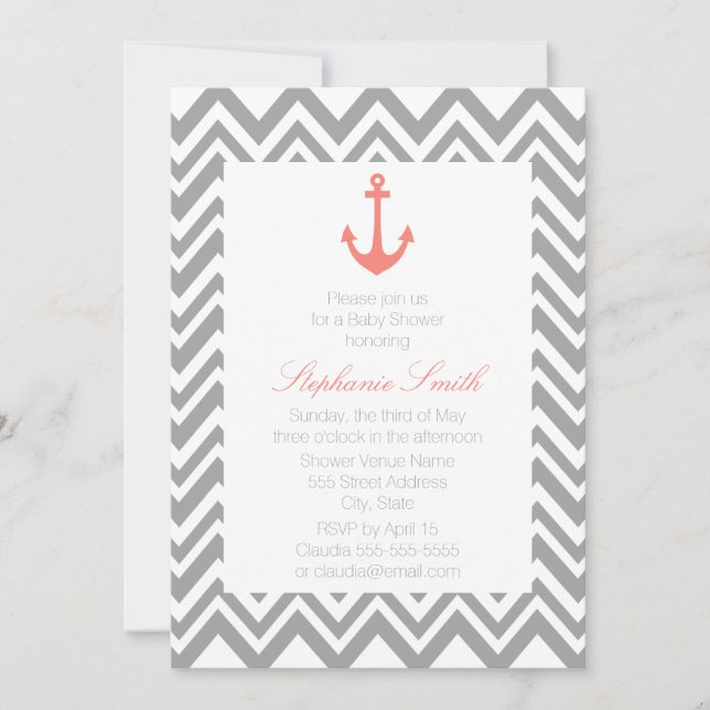 Grey Chevron and Coral Pink Nautical Baby Shower Invitation (Front)