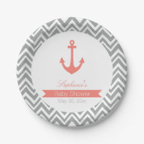 Grey Chevron and Coral Pink Nautical Baby Shower Paper Plates