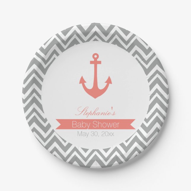 Grey Chevron and Coral Pink Nautical Baby Shower Paper Plates (Front)