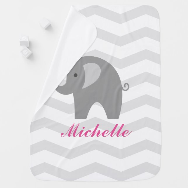 Grey chevron baby blanket with cute gray elephant (In Situ)