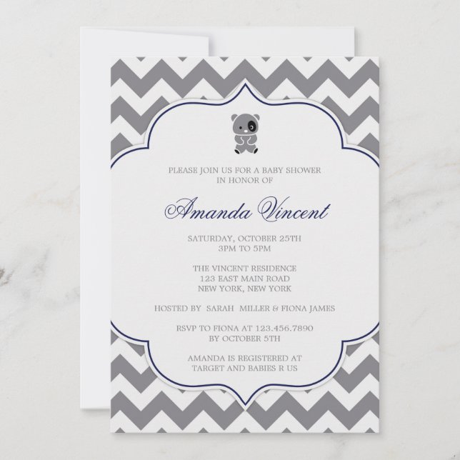 Grey Chevron Baby Shower invitation with Panda (Front)