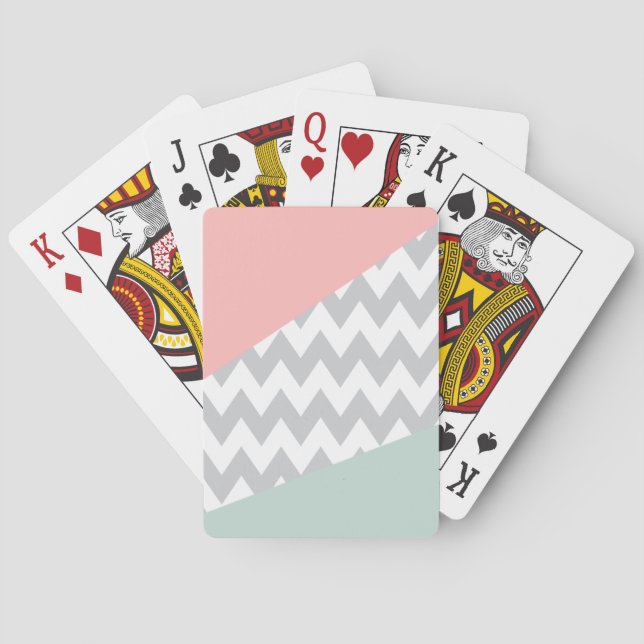 Grey Chevron  Mint and Coral Poker Cards (Back)