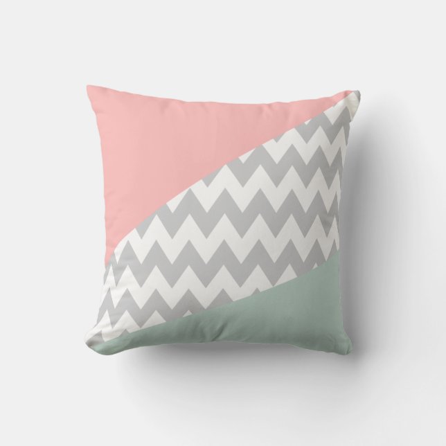 Grey Chevron - mint and coral Throw Pillow (Front)