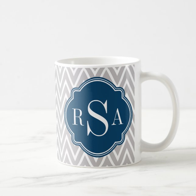 Grey Chevron Navy Monogram Initial Letter Coffee Mug (Right)