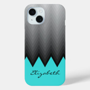 Grey chevron ombre pattern turquoise Custom name iPhone 15 Case