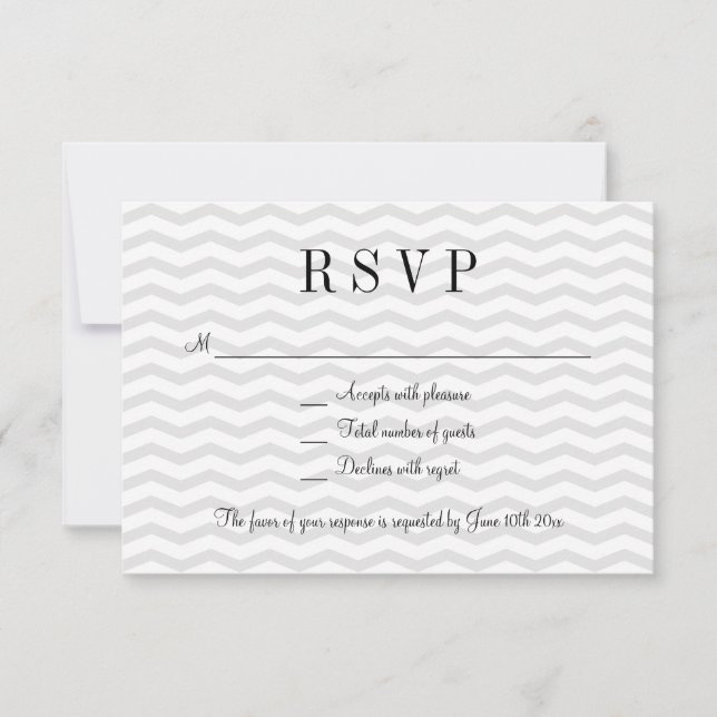 Grey chevron pattern RSVP wedding response cards (Front)