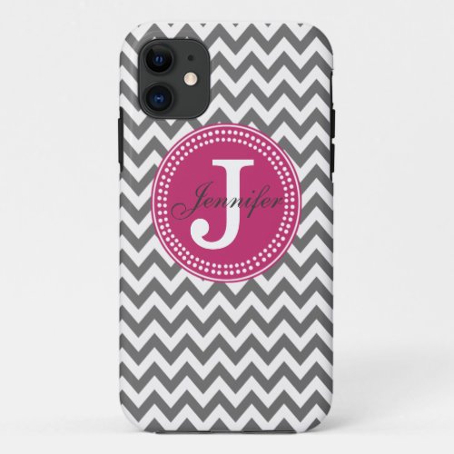 Grey Chevron  Pink Monogram iPhone Case