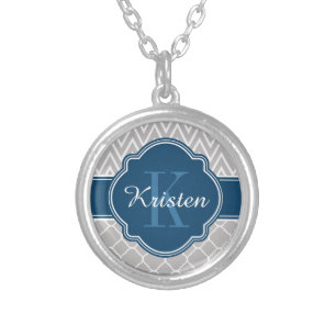 Grey Chevron Quatrefoil Pattern Blue Monogram Silver Plated Necklace