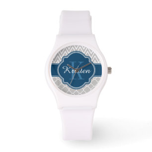 Grey Chevron Quatrefoil Pattern Blue Monogram Watch
