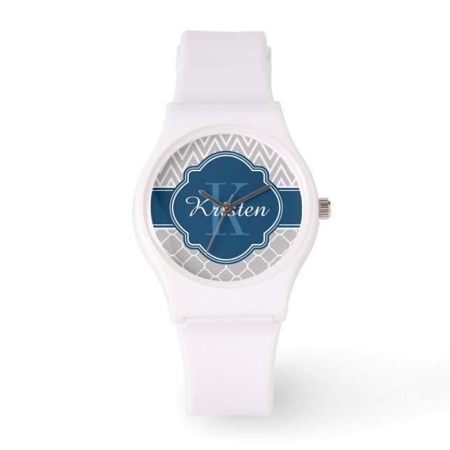 Grey Chevron Quatrefoil Pattern Blue Monogram Watch (Front)