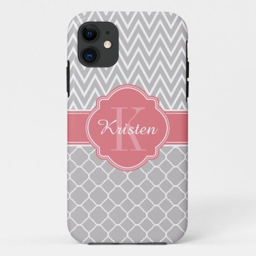 Grey Chevron Quatrefoil Pattern Pink Monogram iPhone 11 Case