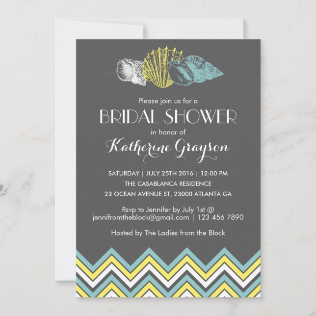 Grey Chevron Seashells Bridal Shower Invitation (Front)