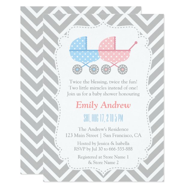 Grey Chevron Strollers Twins Baby Shower Invitation