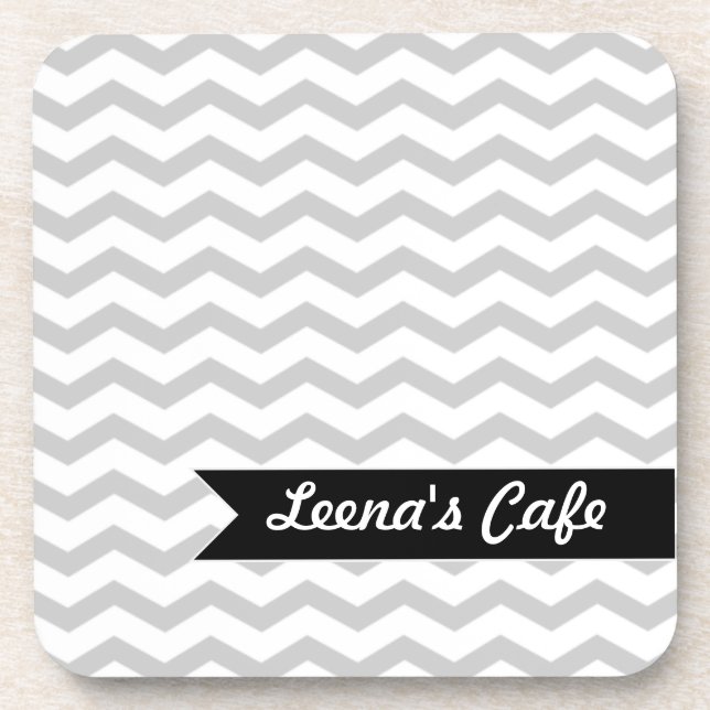 Grey Chevron with black personalized label Drink Coaster (Front)