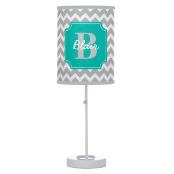 Grey Chevron With Teal Frame Name And Initial Table Lamp by Jmariegarza at Zazzle