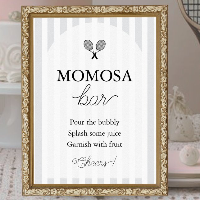 Grey Chic Tennis Baby Shower Momosa Bar Sign (elegant grey and white baby shower sign for momosa bar at tennis theme events shown in gold frame)