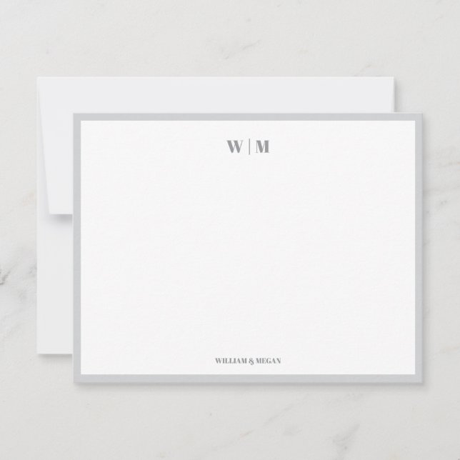 Grey Classic Monogram Custom Couple Wedding  Note Card (Front)