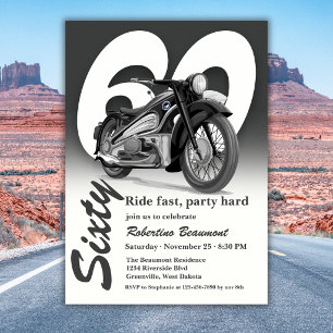 Grey Classic Motorbike Ride Fast 60th Birthday Invitation