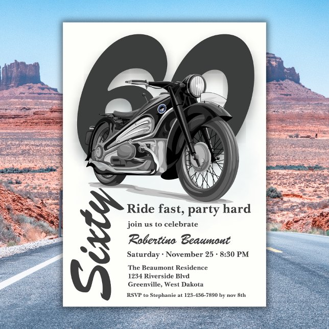 Grey Classic Motorbike Ride Fast 60th Birthday Invitation (Creator Uploaded)