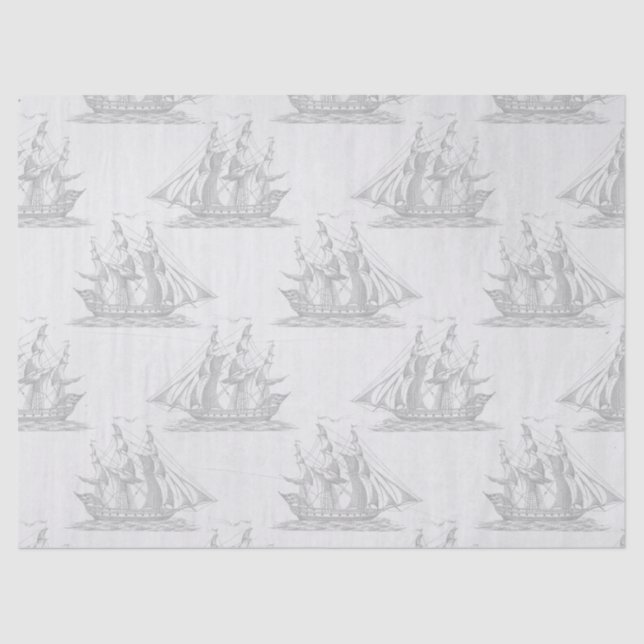 Grey Clipper Ships on White Decoupage Tissue Paper (Front)