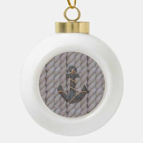 grey coastal beach rope nautical anchor ceramic ball christmas ornament