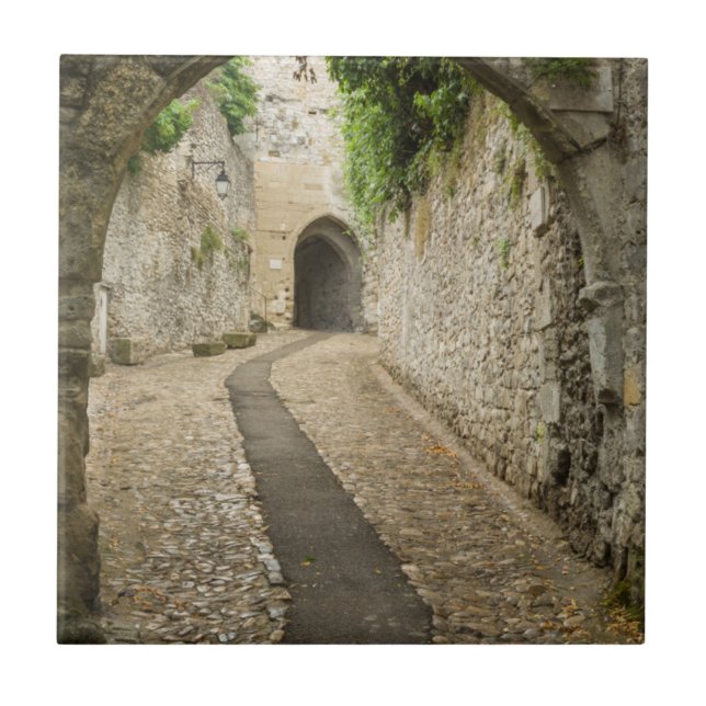 Grey Cobblestone street, France Ceramic Tile (Front)