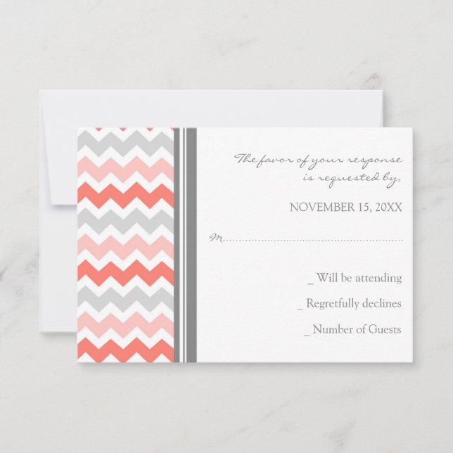 Grey Coral Chevron RSVP Wedding Card (Front)