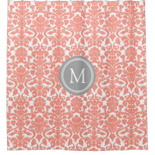 Grey Coral Damask Monogram Shower Curtain