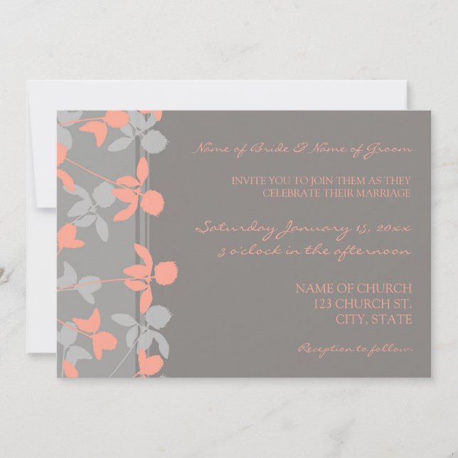 Grey Coral Floral Photo Wedding Invitation Cards (Front)