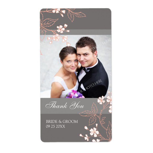 Grey Coral Floral Photo Wedding Labels (Front)