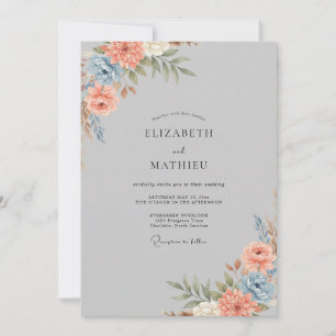 Grey Coral Ranunculus Eucalyptus Wedding Invitation