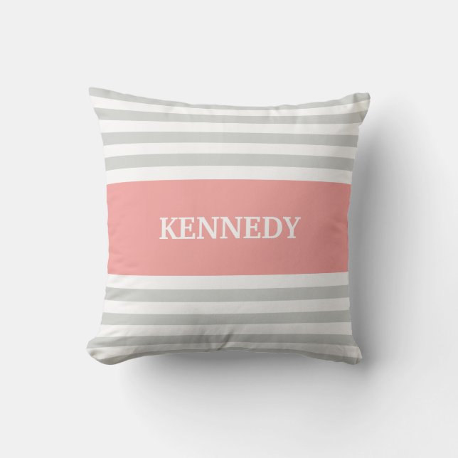 Grey Coral Stripes Monogram Throw Pillow (Front)
