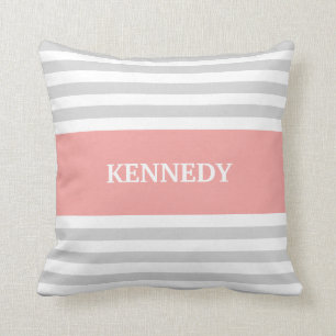 Grey Coral Stripes Monogram Throw Pillow