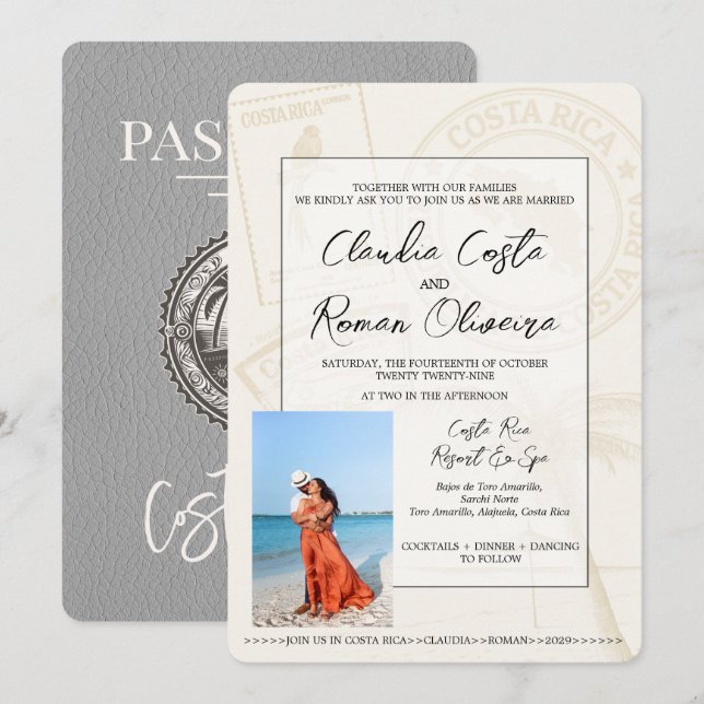 Grey Costa Rica Passport Wedding Invitation (Front/Back)
